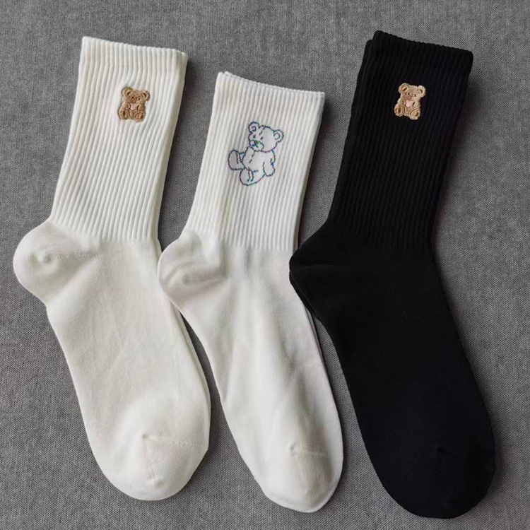小熊刺绣提花中筒袜棉JK