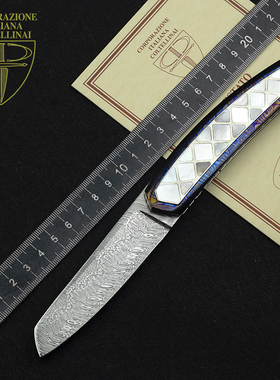 意大利米兰展会藏品ATTI KNIVES手工定制高端蓝彩大马士革折叠刀