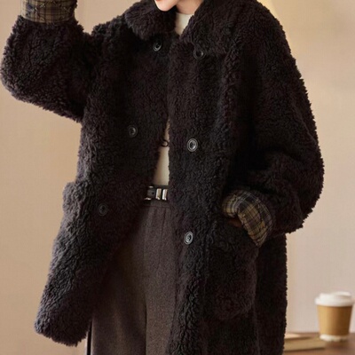 海宁100羊毛一体时尚洋气减龄百搭格纹翻领中长款韩版外套女2589