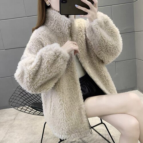 海宁100羊毛一体外套女大衣立领休闲时尚女装6622百搭外套