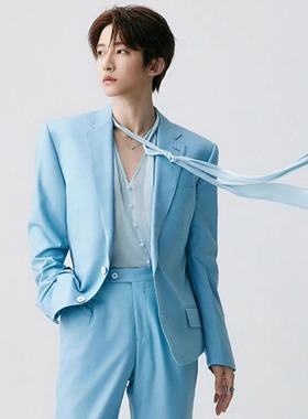 刘宇明星同款男士枪驳领浅蓝色韩版西服设计感修身气质垫肩西装男