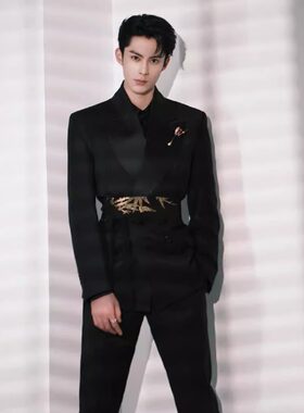 明星同款春秋高级新中式外套痞帅腰带刺绣男士修身垫肩西服套装潮
