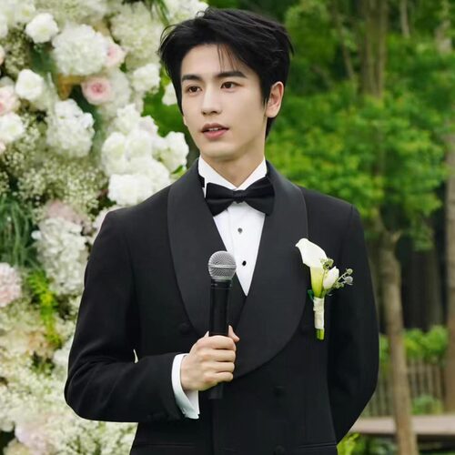 张凌赫明星同款男士黑色青果领双排扣西服商务休闲婚礼西装外套潮