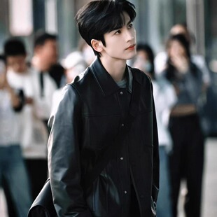 高级仿真皮衣商务休闲百搭翻领皮衣 黑色秋冬季 张凌赫明星同款 男士