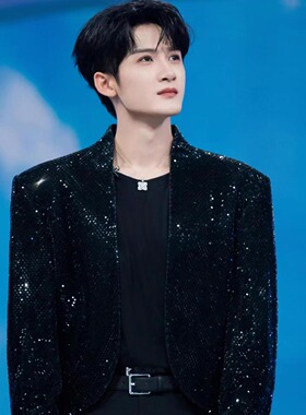 檀健次明星同款男士黑色钉珠亮片立领黑西服舞蹈演出高质量西装潮