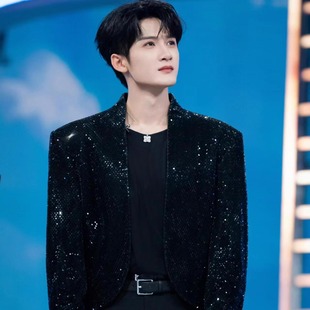 檀健次明星同款男士黑色钉珠亮片立领黑西服舞蹈演出高质量西装潮