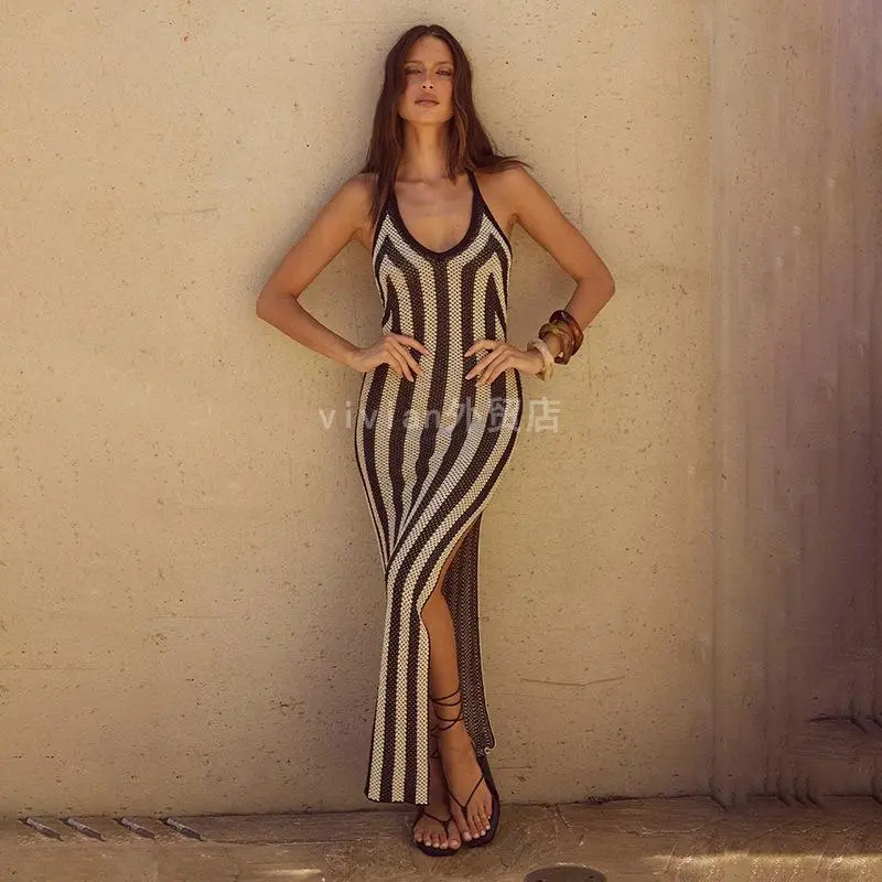 欧美夏季新款条纹性感镂空开叉针织海岛比基尼泳衣罩衫防晒沙滩裙