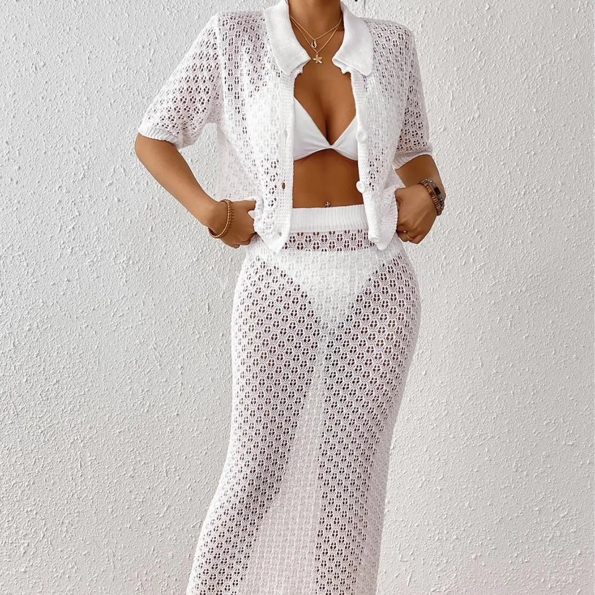 泳衣罩衫度假风沙滩罩裙性感镂空领比基尼罩衫短上衣半身裙两件套