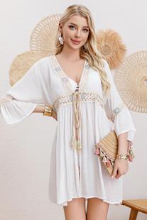 沙滩罩衫 开衫 比基尼外搭 欧美外贸夏防晒宽松性感金边中袖 泳衣罩衫