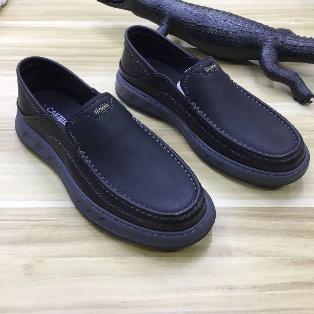 外贸头层牛皮厚底减震防滑商务休闲皮鞋真皮一脚蹬轻盈舒适健步鞋