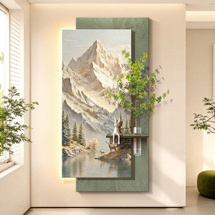 聚宝盆走廊砂岩壁画灯麋鹿水培绿植入户门挂画北欧金山玄关装饰画