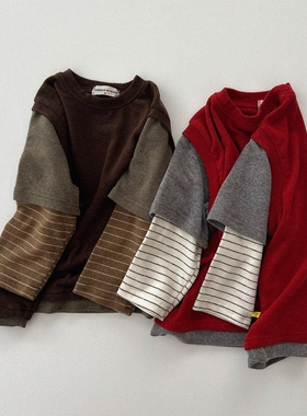 现货GOU韩国童装25冬男女童加厚长袖T恤时髦拼接假两件叠穿打底衫