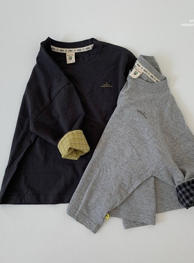 现货GOU韩国童装25秋季男童女童纯棉长袖T恤宽松时髦卷边休闲上衣