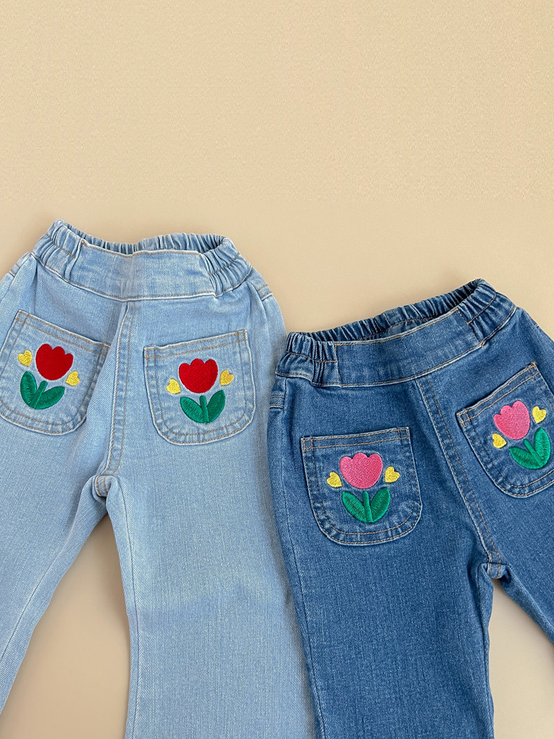raysonpapa童装刺绣花朵喇叭裤子洋气女童宝宝春秋九分牛仔长裤