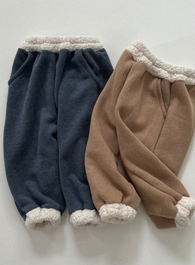 现货GOU韩国童装25冬男女童休闲百搭加厚运动裤时髦拼接加绒卫裤