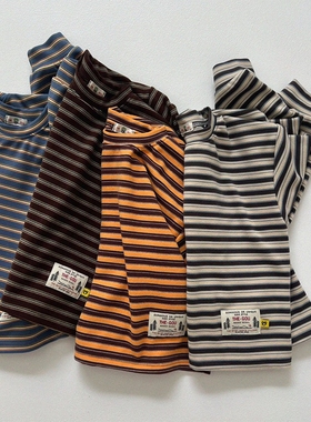 现在GOU韩国童装25冬男童女童加厚条纹德绒长袖T恤叠穿内搭打底衫