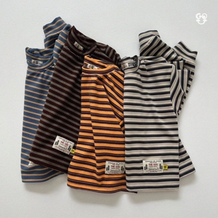 现在GOU韩国童装25冬男童女童加厚条纹德绒长袖T恤叠穿内搭打底衫