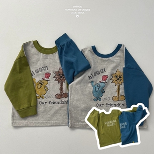 现货GOU韩国童装26春季男童女童休闲卡通印花T恤拼色长袖字母上衣