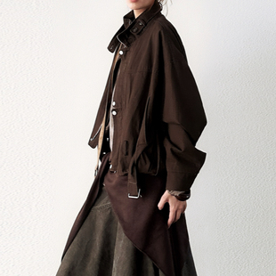 尢系UXI 饰宽松休闲夹克外套 2025秋冬复古仿麂皮布立领设计腰带装