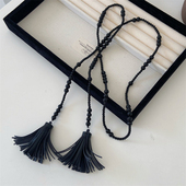 尢系UXI 黑色串珠流苏项链长款 轻奢高级感颈链配饰