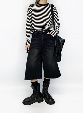 尢系UXI 日系复古黑色水洗宽松阔腿裤七分牛仔短裤直筒裤