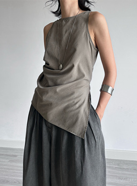尢系UXI 灰色不对称设计褶皱无袖背心高级感气质显瘦百搭上衣女