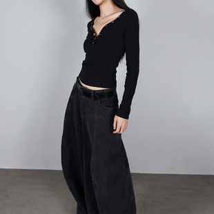 女秋冬上衣女百搭时髦内搭T恤 基础长袖 尢系UXI简约V领打底衫 修身