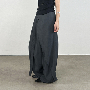 西裤 休闲裤 早秋不规则设计垂感系扣带屁裙宽松阔腿长裤 尢系UXI