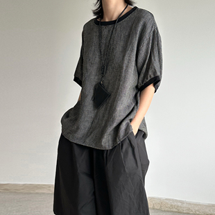 尢系UXI T恤上衣 日系简约色织汉麻细格宽松休闲百搭减龄短袖
