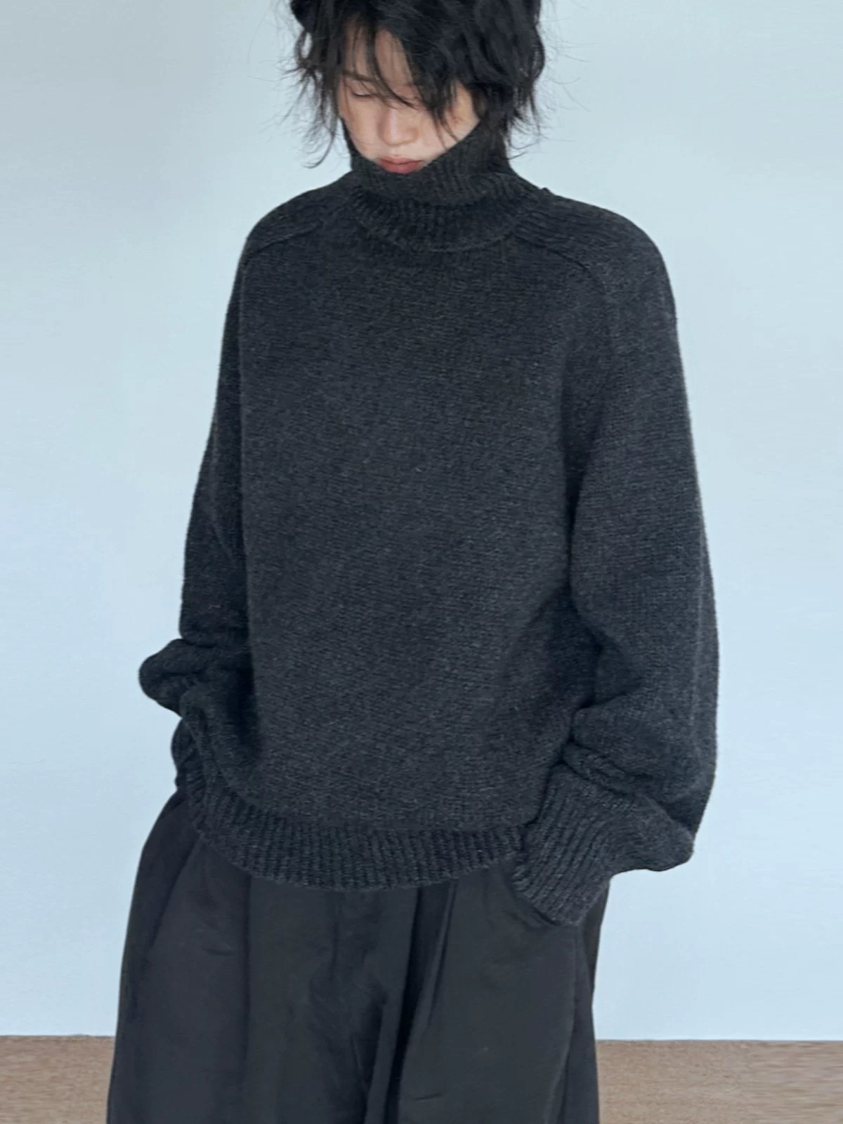 尢系UXI 2025秋冬高级感宽松慵懒风加厚毛织100羊毛高领毛衣