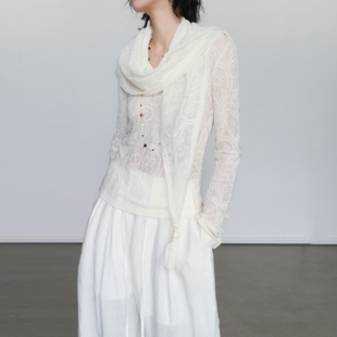 尢系UXI T恤网纱内搭上衣 复古文艺披肩两件套提花蕾丝针织v领修身