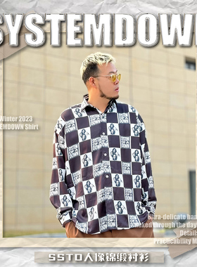 SSTD春夏格纹人像印花衬衫锦缎丝滑手感三百斤可穿黑白男女同款