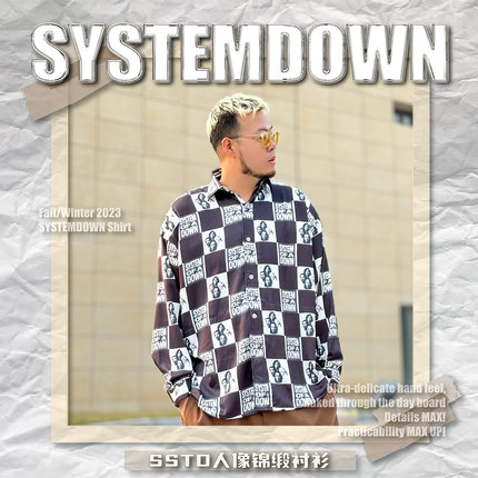SSTD春夏格纹人像印花衬衫锦缎丝滑手感三百斤可穿黑白男女同款