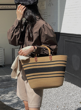 大容量仿竹节手提棉线编织包 新款百搭条纹草编包手拎购物篮子包