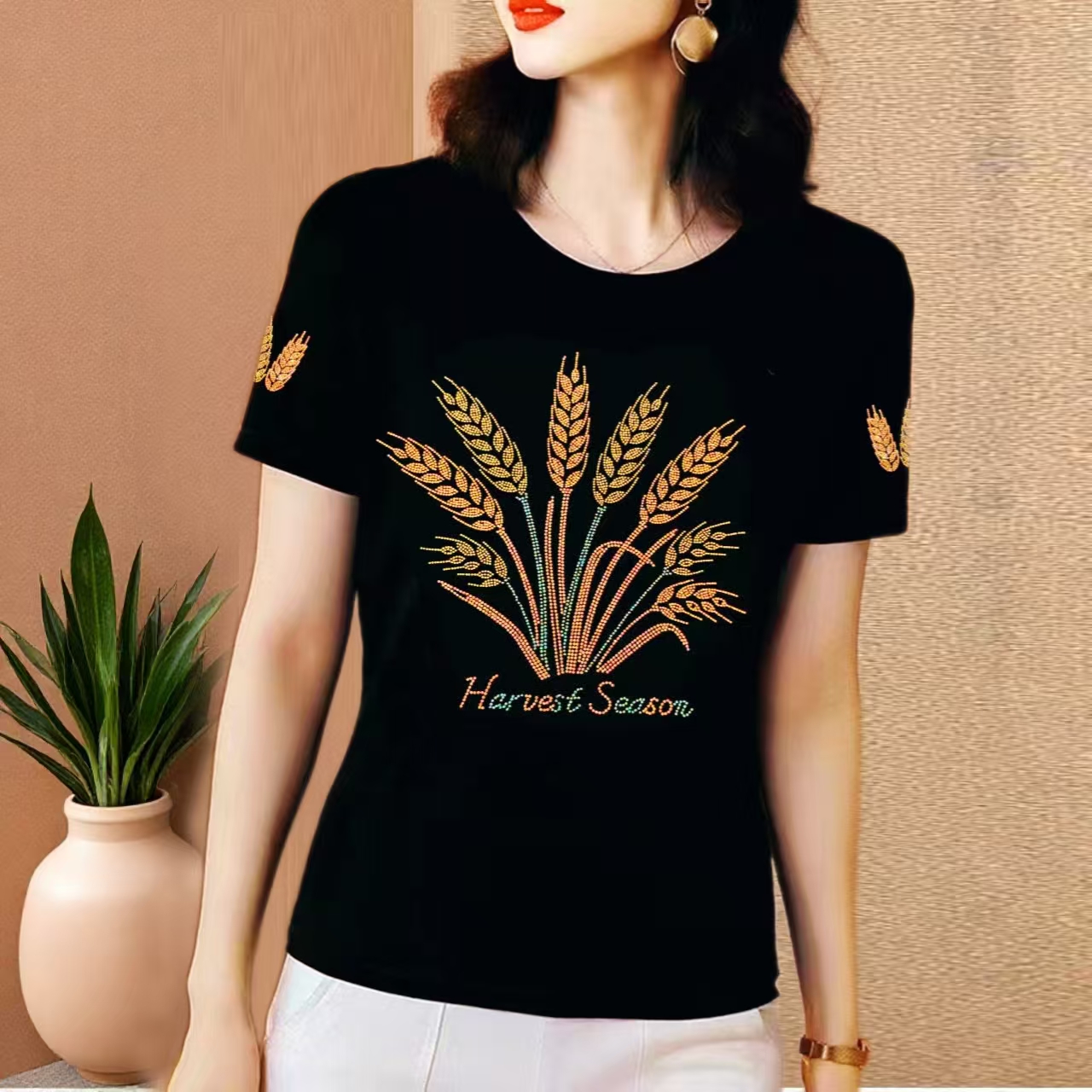 中老年妈妈夏季圆领烫钻短袖