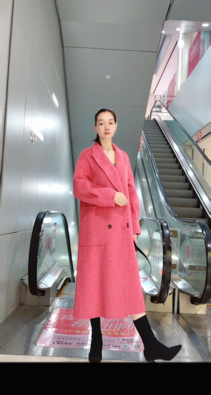 羊驼绒双面呢大衣女中长款玫红色西装领双口袋廓形宽松休闲外套
