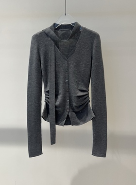 店艾诺丝2026春季新款时尚法式V领排扣收腰飘带针织衫女BR801145