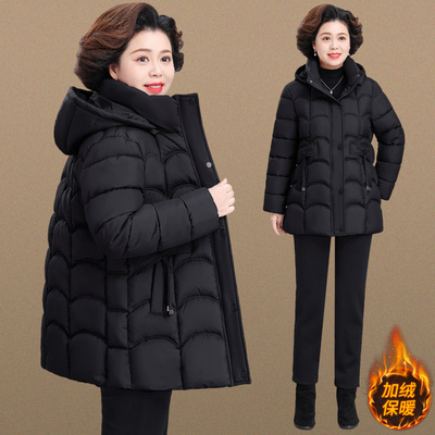 女式中长款棉袄女冬季中年妈妈棉衣黑色显瘦防寒保暖连帽爆款棉服