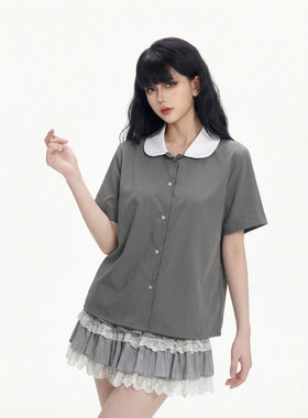CTB啤酒队长夏季美式复古cleanfit灰色撞色领宽松短袖衬衫女衬衣