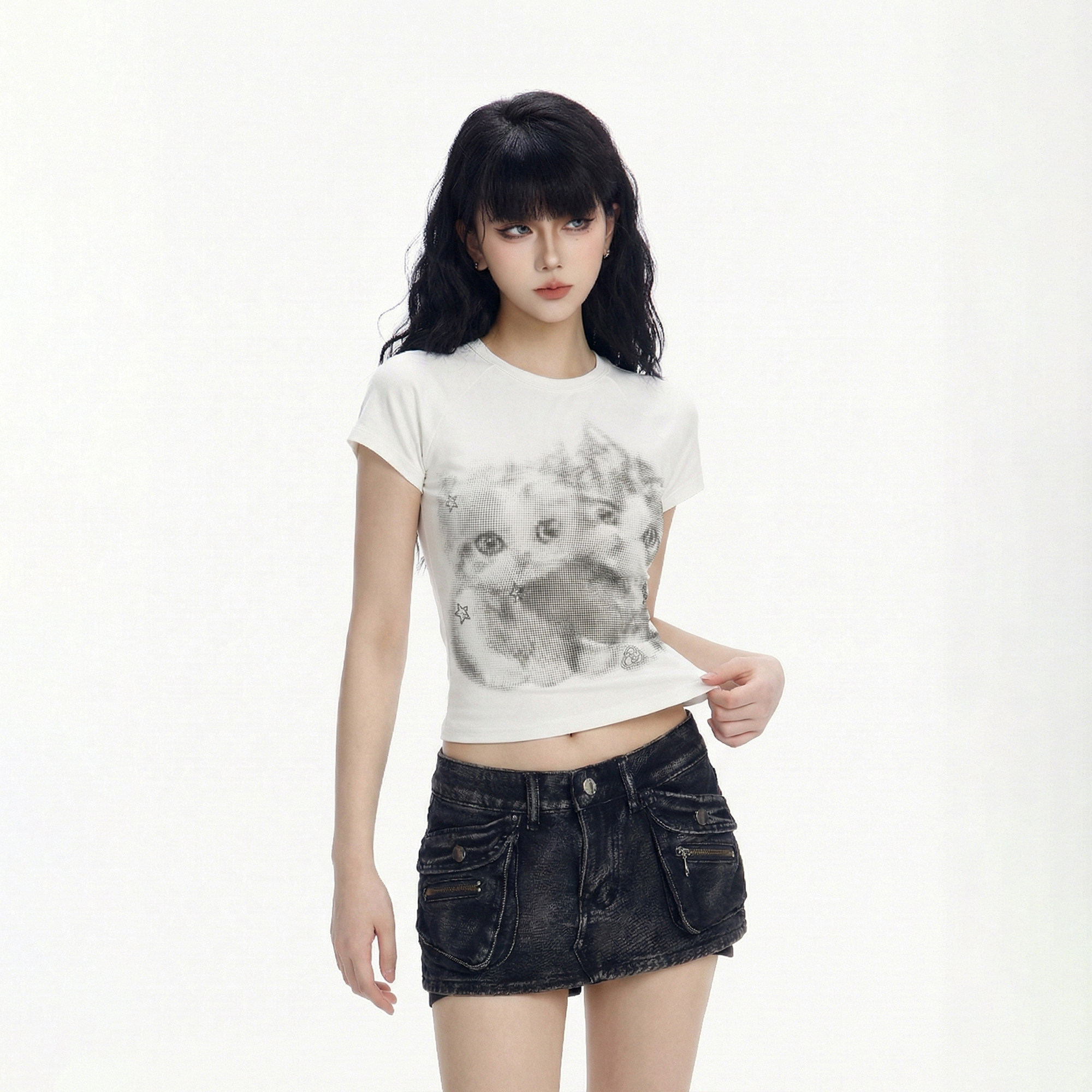 CTB啤酒队长甜妹风猫咪印花短袖T恤女修身显瘦可爱少女短款上衣潮