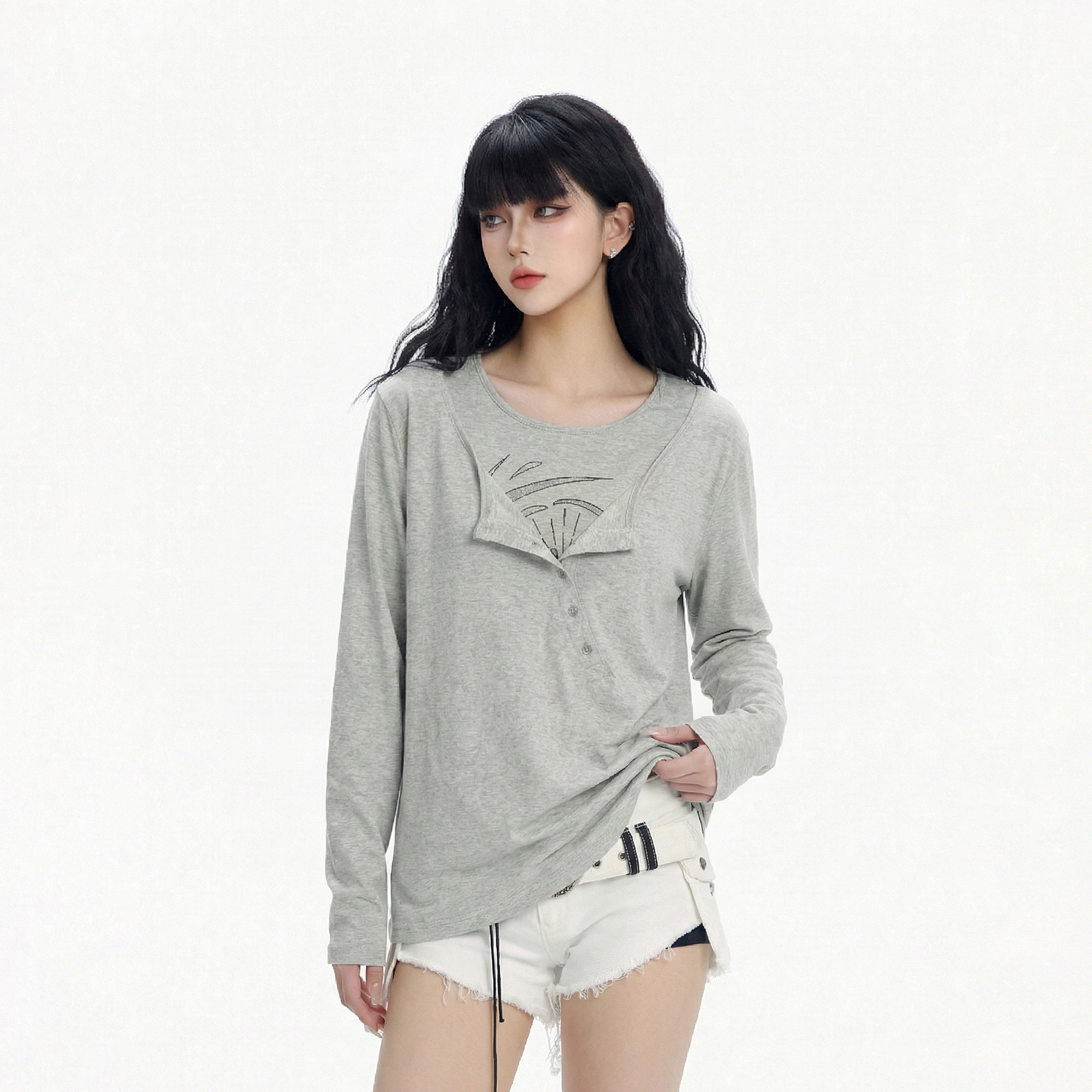 CTB啤酒队长韩系假两件错位门禁天丝长袖防晒罩衫女修身v领T恤夏