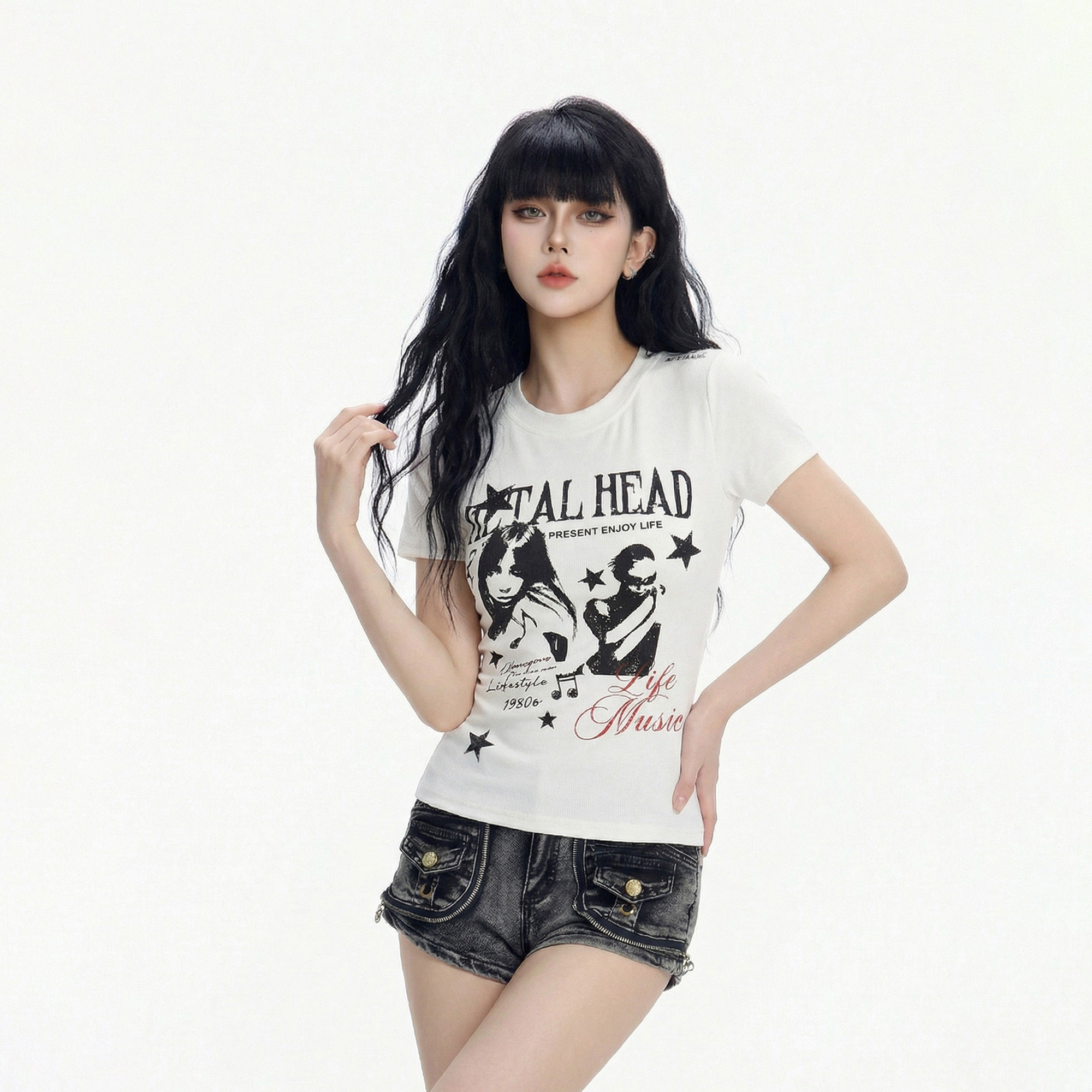 CTB啤酒队长美式朋克摇滚人像印花正肩短袖T恤女辣妹修身短款上衣