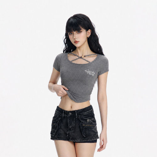 小众高级灰交叉挂脖短袖T恤女