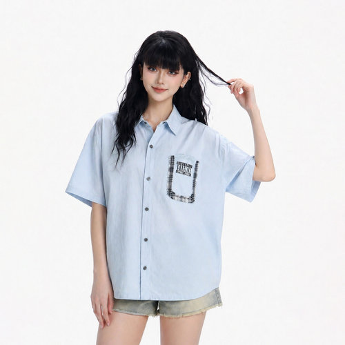 美式复古字母贴布口袋牛仔衬衫女