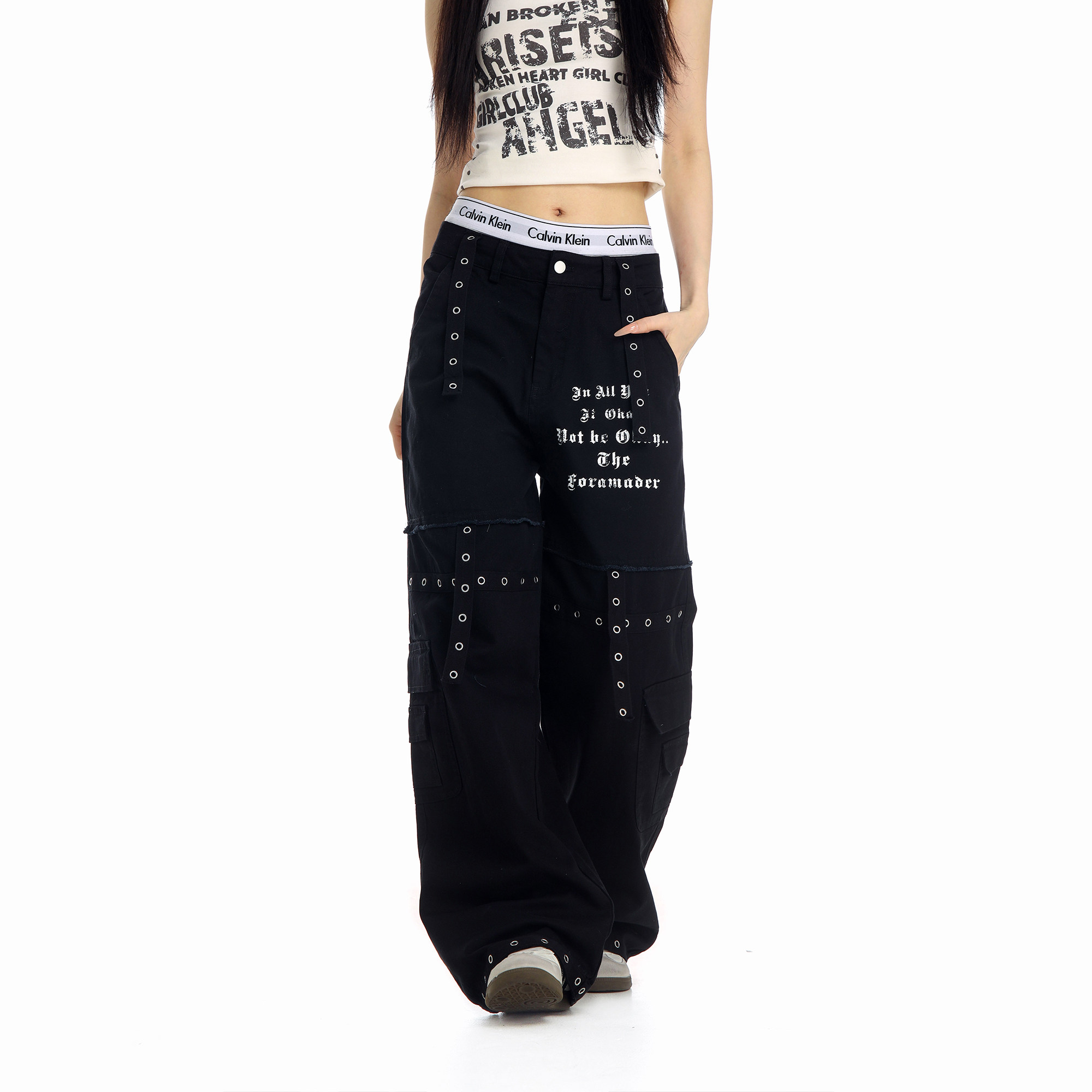 CTB啤酒队长美式复古高街朋克设计撞钉工装裤女宽松直筒拖地长裤