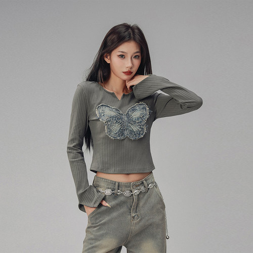 美式小V领蝴蝶贴布长袖女