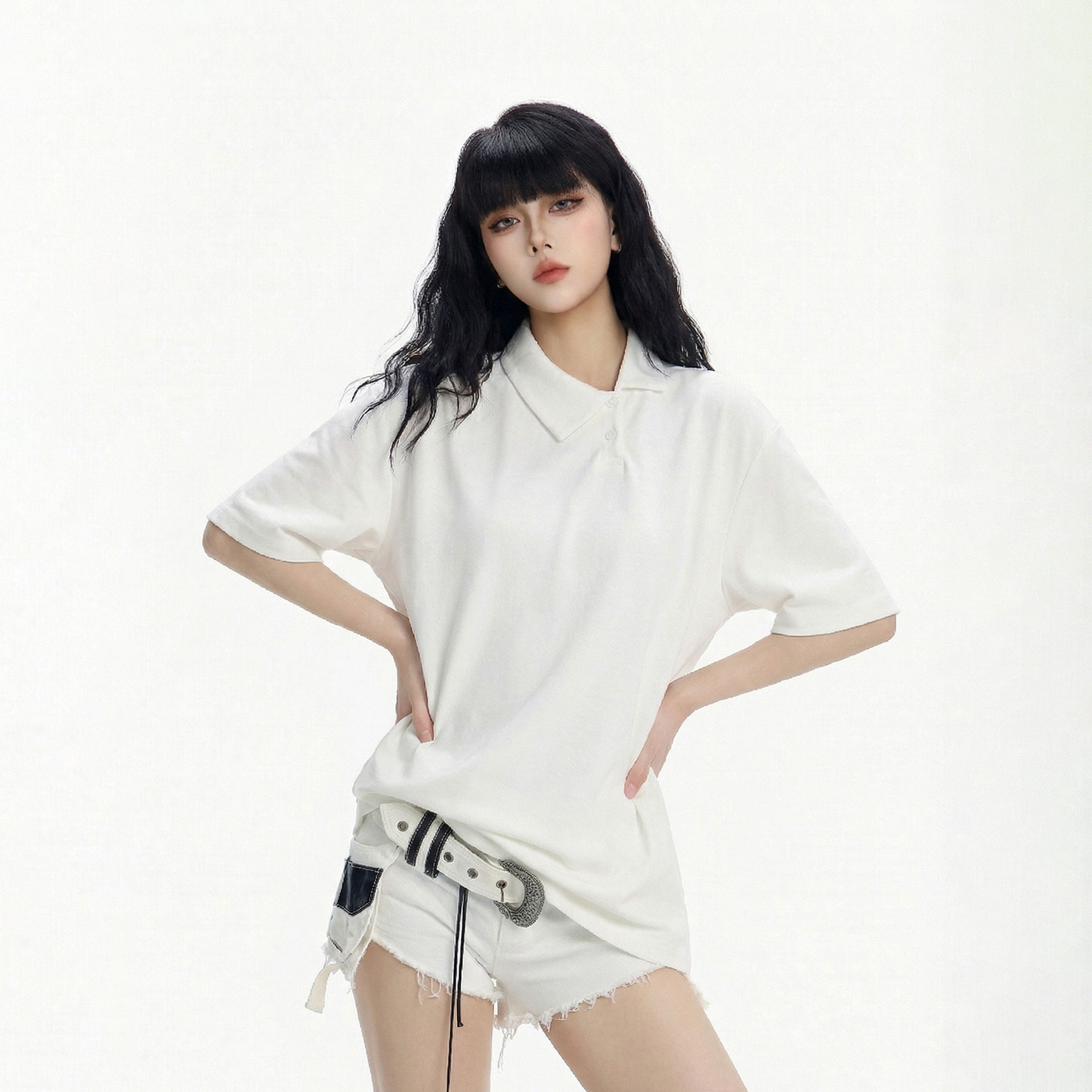 CTB啤酒队长夏季新款美式慵懒风cleanfit不规则门襟翻领短袖T恤女