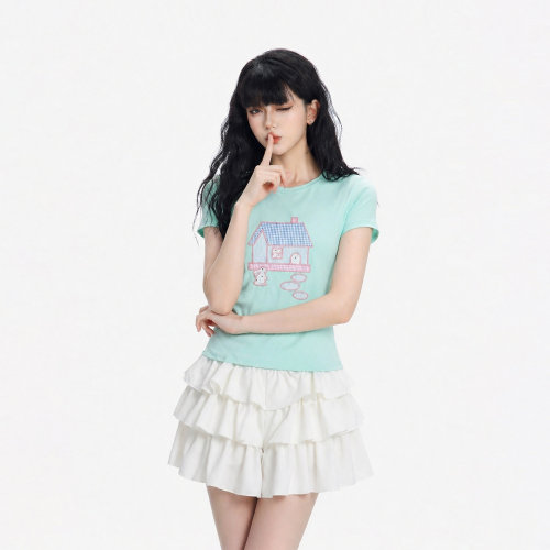 CTB啤酒队长美式卡通房子刺绣短袖T恤女韩系甜美正肩上衣修身显瘦