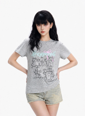 CTB啤酒队长 甜妹小狗狗印花短袖T恤女夏季修身百搭打底内搭上衣