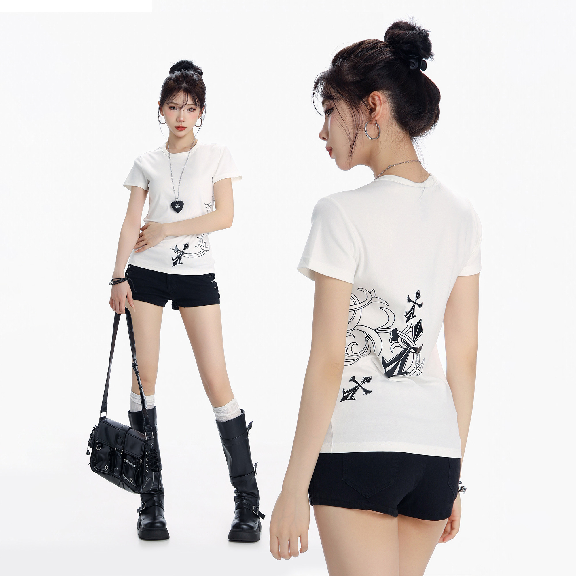 CTB啤酒队长朋克十字架印花正肩短袖T恤女夏甜酷辣妹显瘦短款上衣